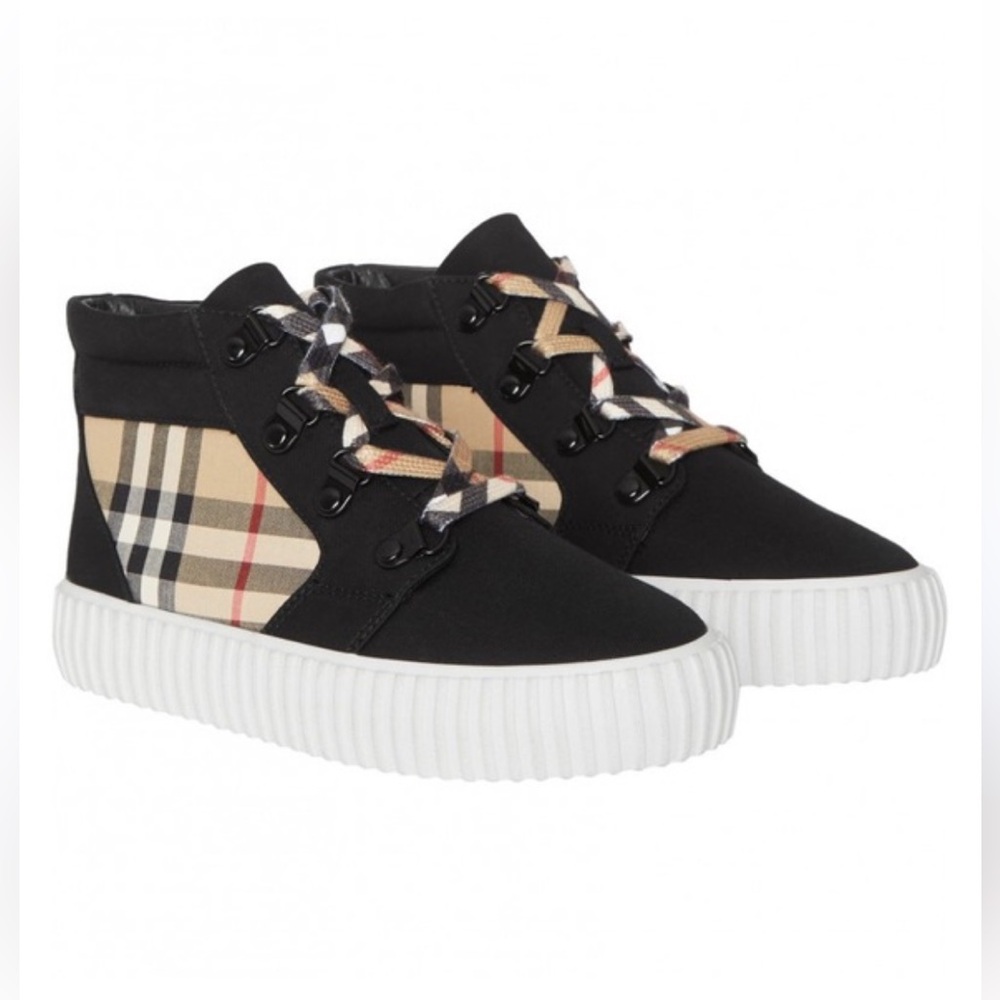 Burberry Kids Emmett Check High Top Sneakers Black and Beige Sz 34 - Picture 2 of 9